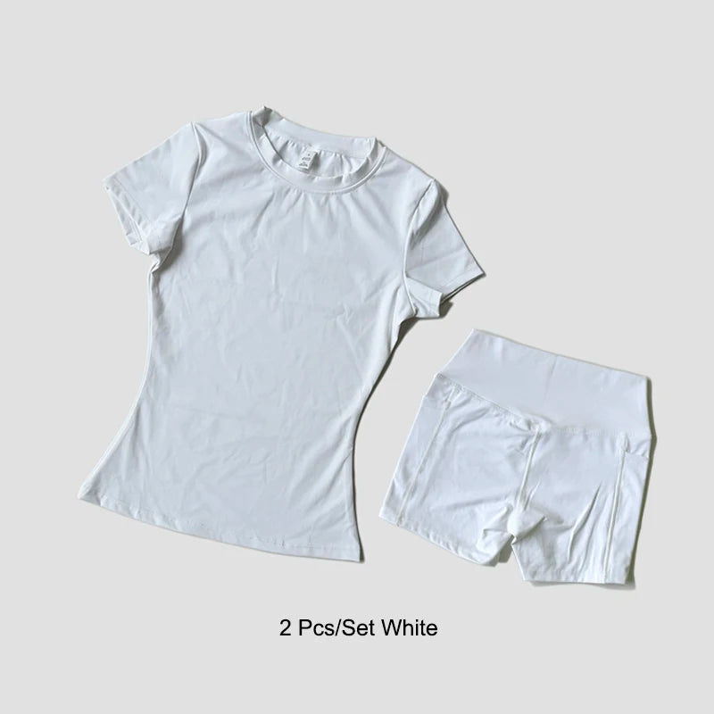 Conjunto deportivo de Yoga para mujer, ropa de gimnasio de punto sin costuras, ropa deportiva, Top corto de manga corta, chándales, mallas cortas para gimnasio