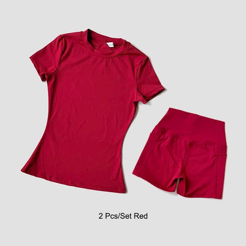 Conjunto deportivo de Yoga para mujer, ropa de gimnasio de punto sin costuras, ropa deportiva, Top corto de manga corta, chándales, mallas cortas para gimnasio