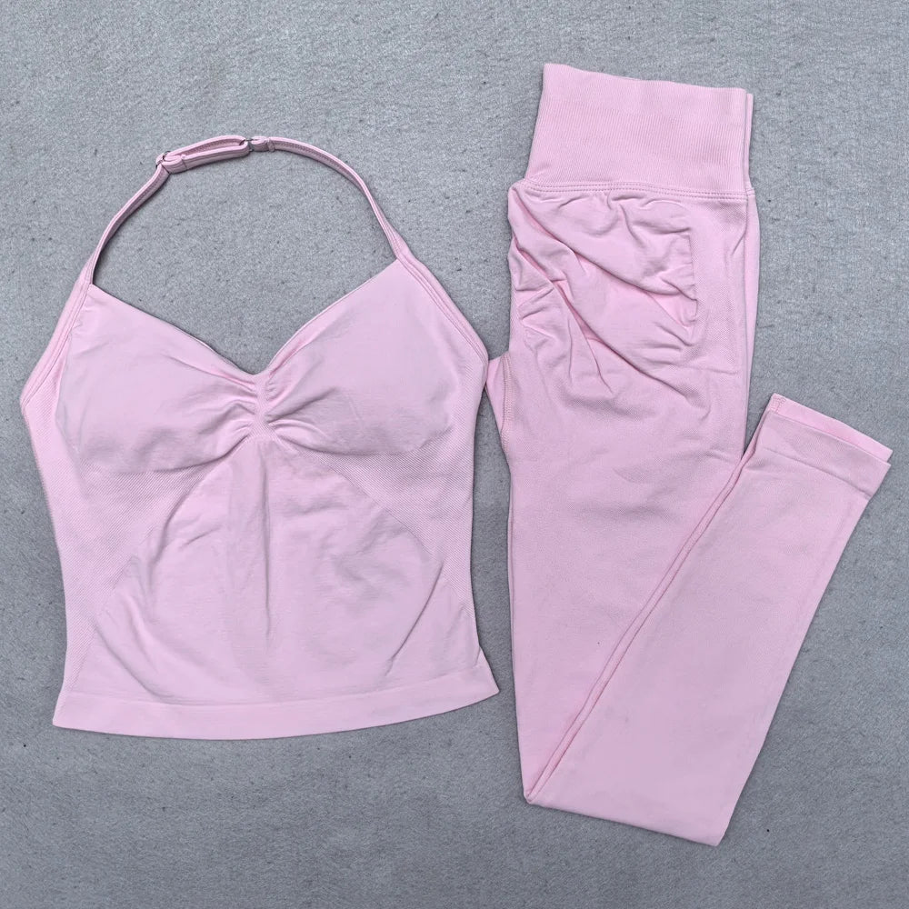 Nuevo conjunto de Yoga sin costuras, ropa de gimnasio para mujer, Legging acolchado, camiseta sin mangas, trajes de entrenamiento, ropa deportiva para Fitness, trajes