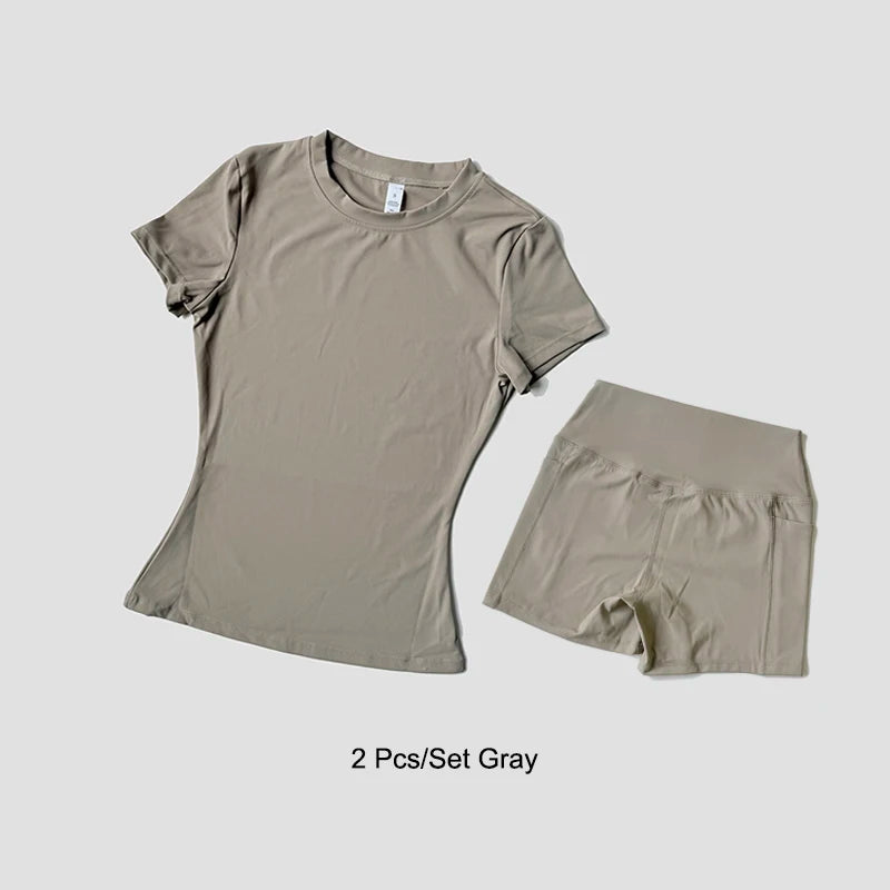 Conjunto deportivo de Yoga para mujer, ropa de gimnasio de punto sin costuras, ropa deportiva, Top corto de manga corta, chándales, mallas cortas para gimnasio