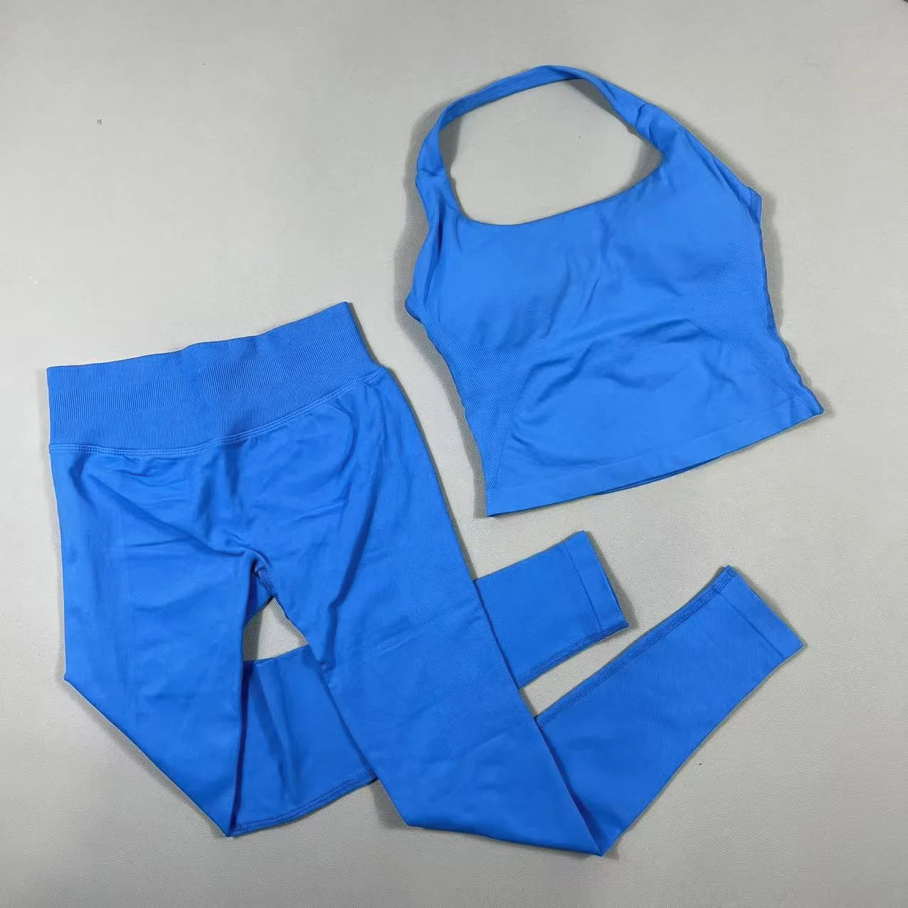 Conjunto de yoga de 2 piezas para mujer, top halter sin espalda, pantalones sin costuras de cintura alta, traje de gimnasio, sujetador deportivo, ropa deportiva, conjuntos de entrenamiento.