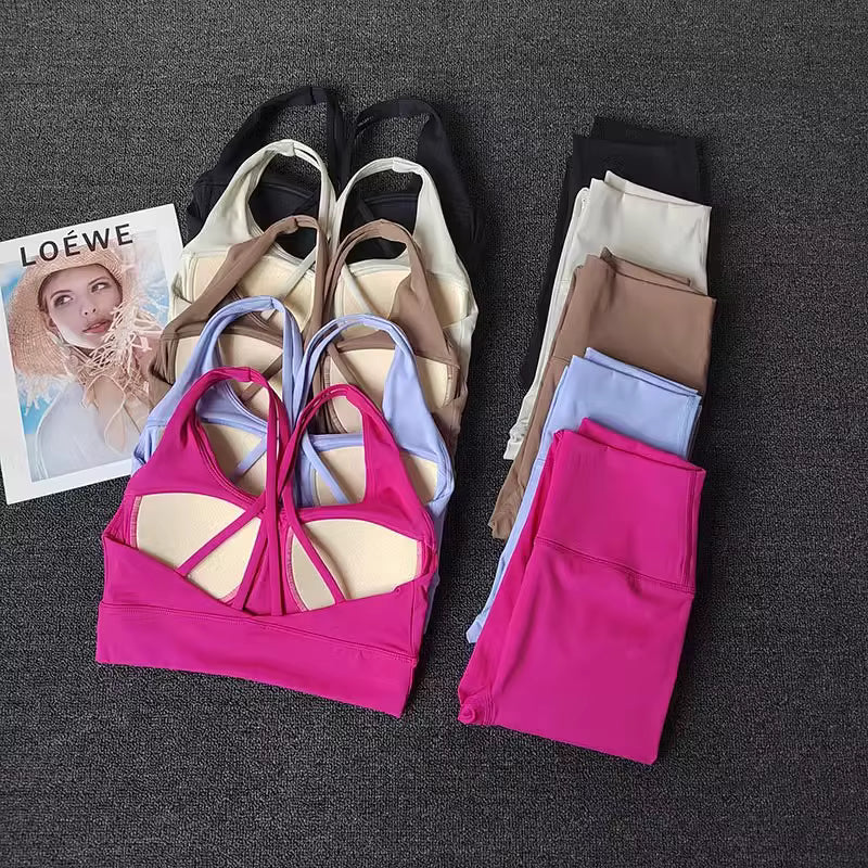Conjunto de Yoga transpirable para mujer, traje deportivo de 2 uds, ropa de gimnasio, ropa de entrenamiento, Top corto de gimnasia, Legging de cintura alta, conjunto de sujetador de Fitness, trajes deportivos