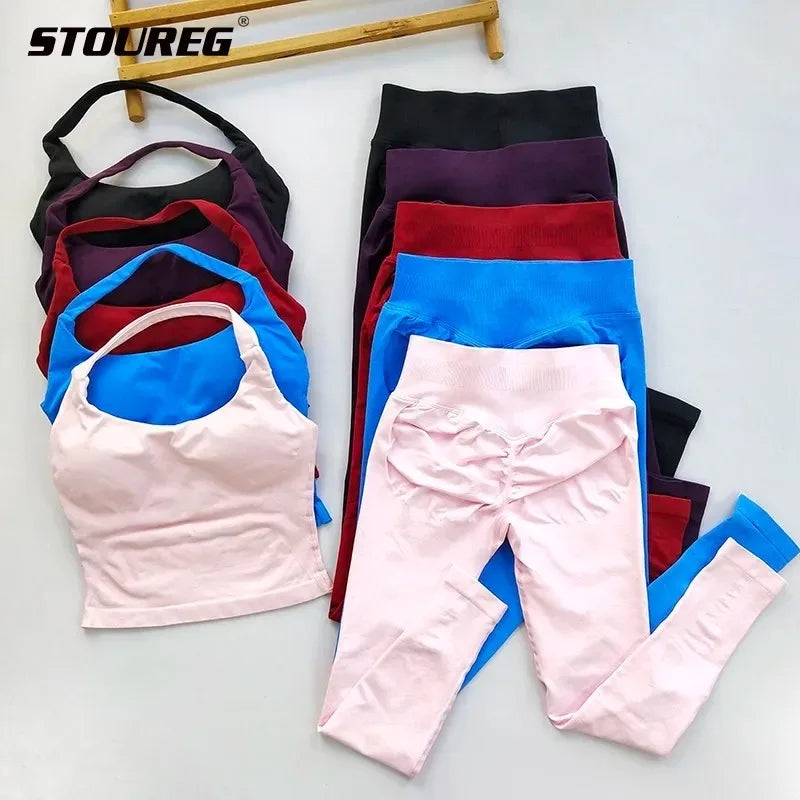 Conjunto de yoga de 2 piezas para mujer, top halter sin espalda, pantalones sin costuras de cintura alta, traje de gimnasio, sujetador deportivo, ropa deportiva, conjuntos de entrenamiento.