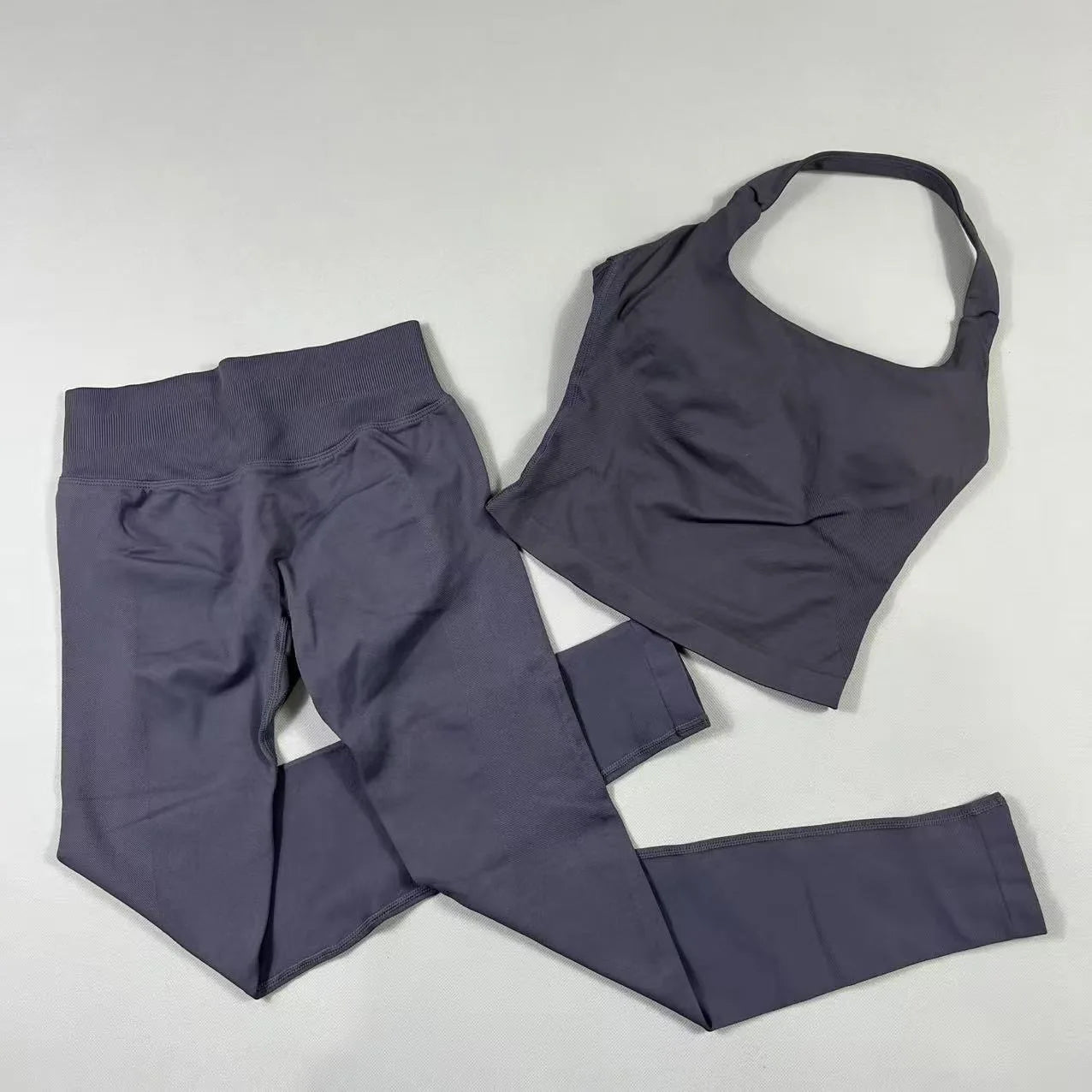 Conjunto de yoga de 2 piezas para mujer, top halter sin espalda, pantalones sin costuras de cintura alta, traje de gimnasio, sujetador deportivo, ropa deportiva, conjuntos de entrenamiento.