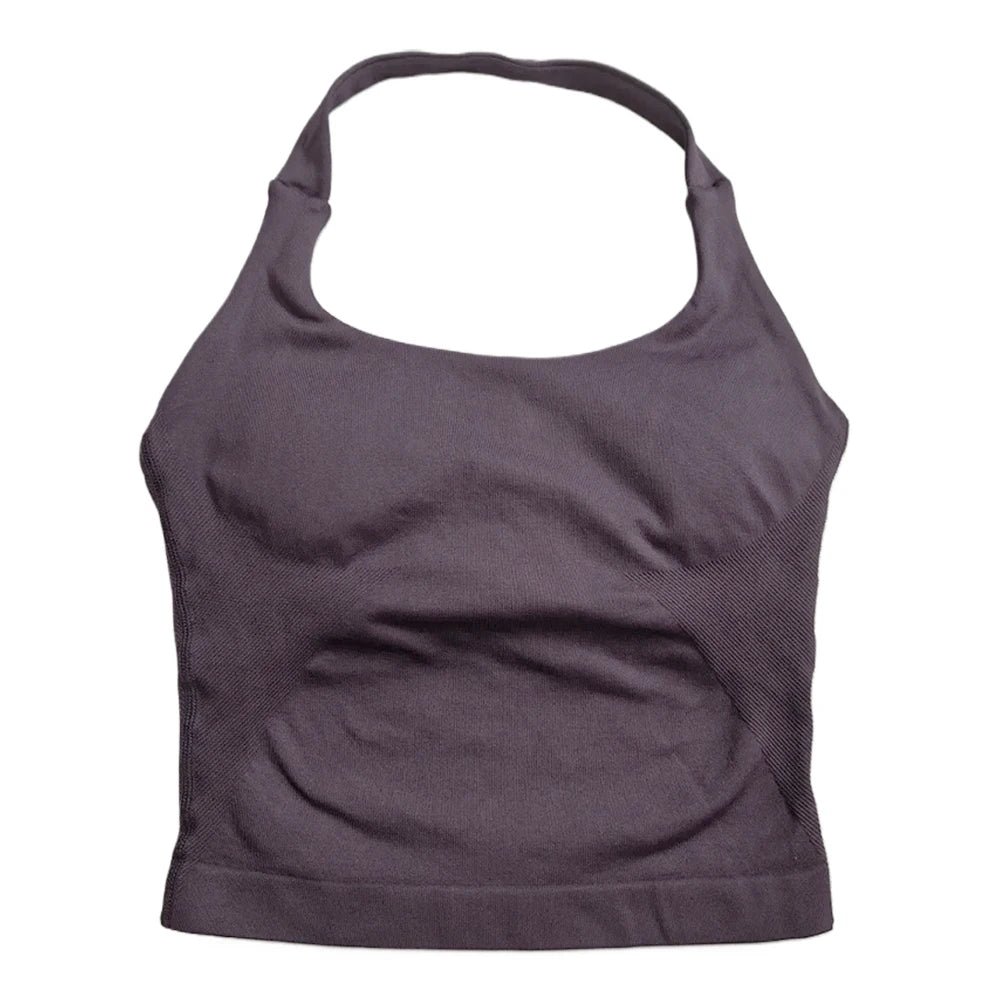 Top de gimnasio para mujer, ropa de entrenamiento con tiras, camiseta sin mangas, Sujetador deportivo acolchado, camisas de Yoga sin espalda, Top corto de gimnasia sin costuras, chaleco de Fitness con cuello Halter