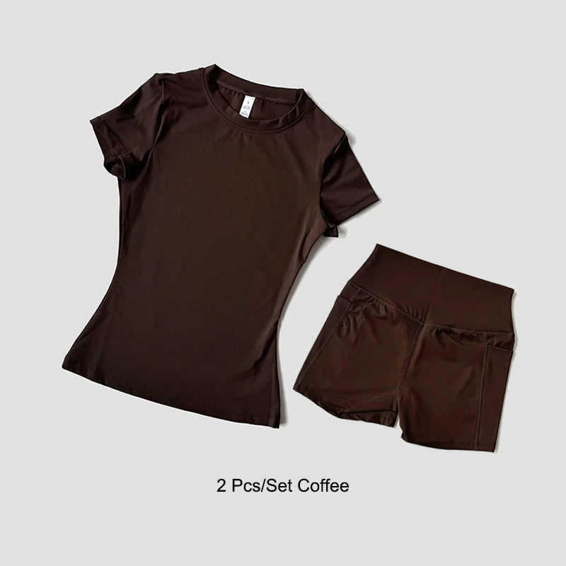 Conjunto deportivo de Yoga para mujer, ropa de gimnasio de punto sin costuras, ropa deportiva, Top corto de manga corta, chándales, mallas cortas para gimnasio