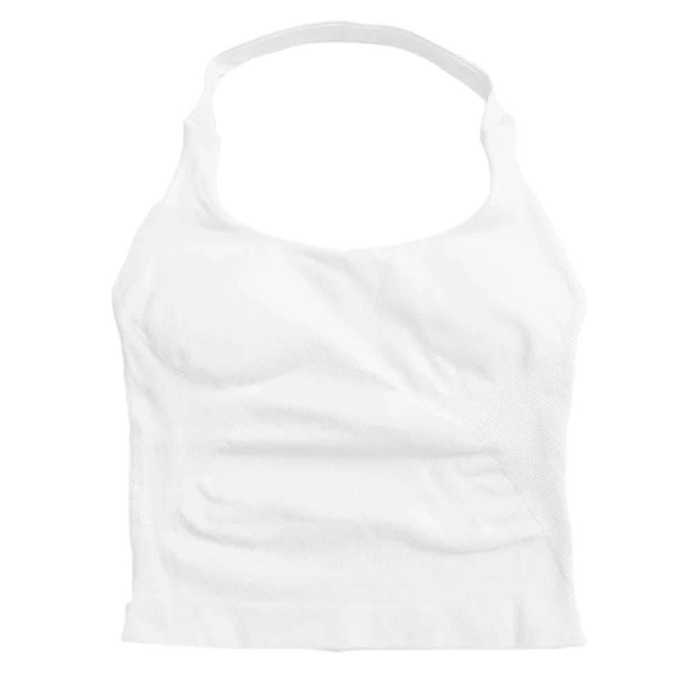 Top de gimnasio para mujer, ropa de entrenamiento con tiras, camiseta sin mangas, Sujetador deportivo acolchado, camisas de Yoga sin espalda, Top corto de gimnasia sin costuras, chaleco de Fitness con cuello Halter