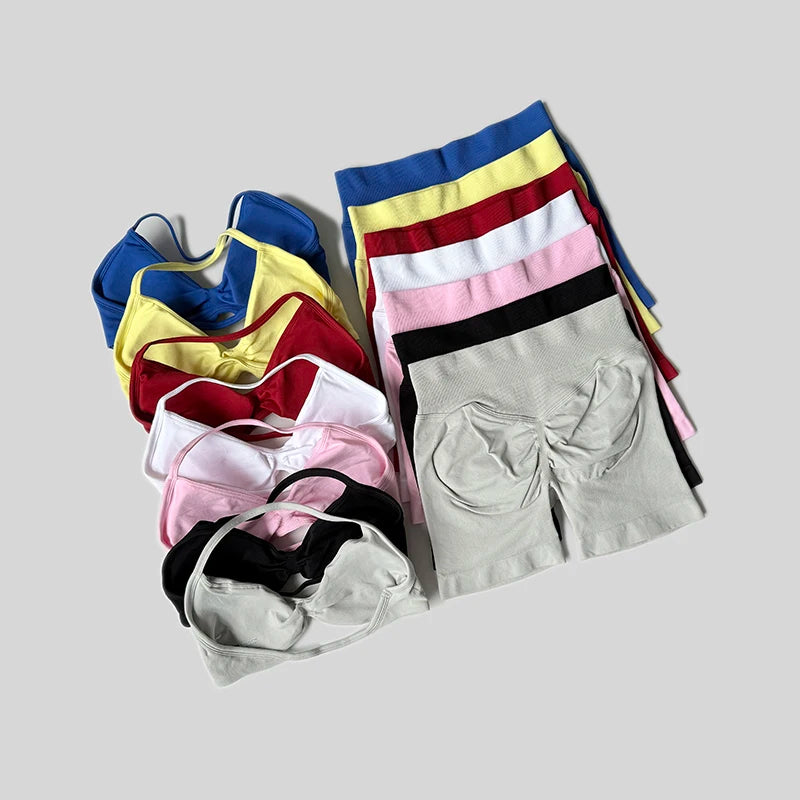 Conjunto de gimnasio de impacto para mujer, conjuntos de 2 piezas, camisetas sin mangas con cuello Halter, pantalones cortos sin costuras de cintura alta, traje deportivo, conjunto de entrenamiento