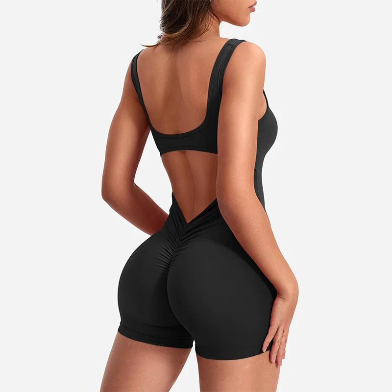 Ropa de gimnasio para Mujer, peleles sexys ajustados con cuello cuadrado y espalda descubierta fruncido liso para Yoga, monos de gimnasio para Mujer
