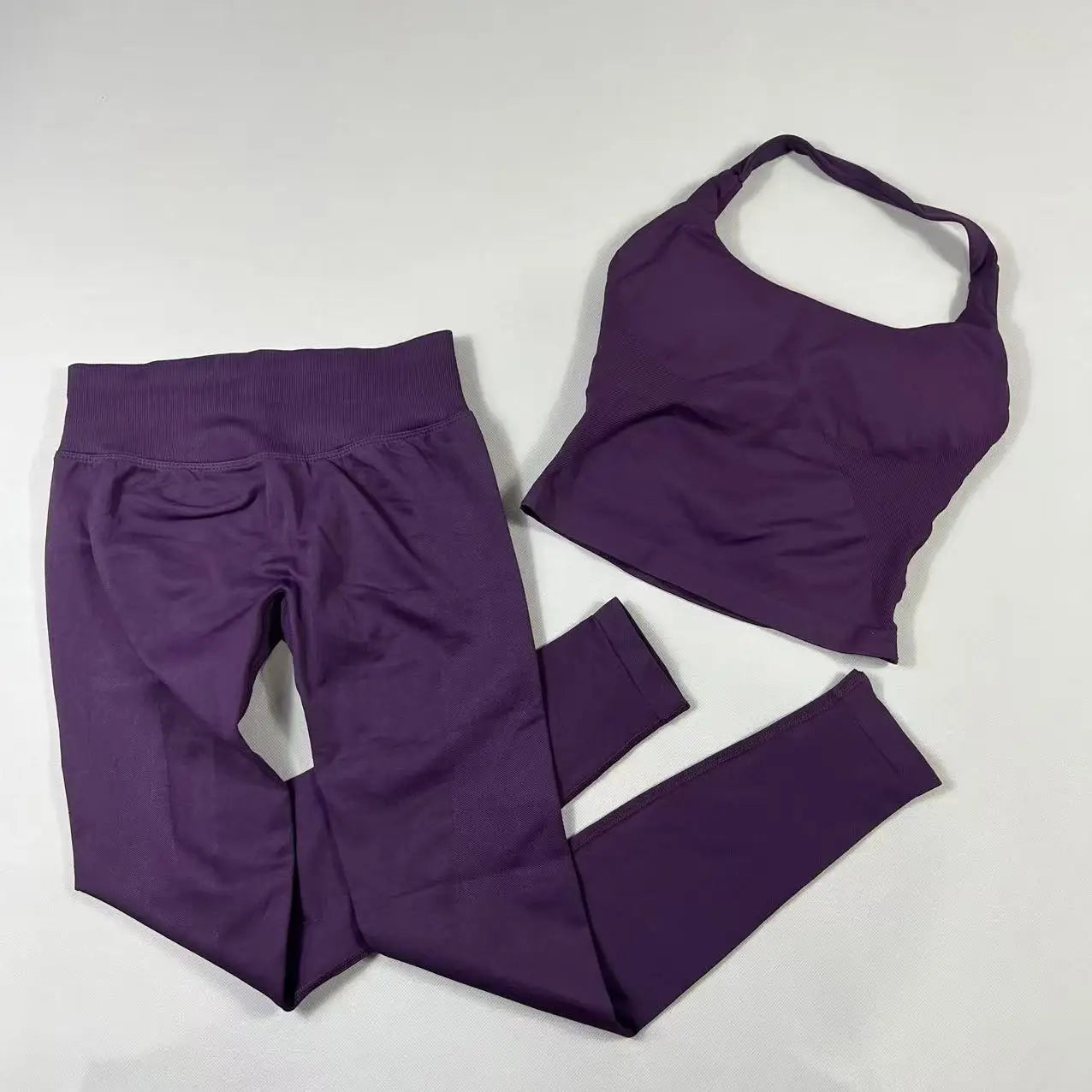 Conjunto de yoga de 2 piezas para mujer, top halter sin espalda, pantalones sin costuras de cintura alta, traje de gimnasio, sujetador deportivo, ropa deportiva, conjuntos de entrenamiento.