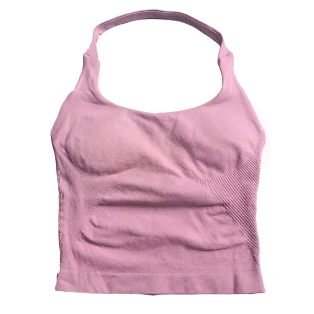 Top de gimnasio para mujer, ropa de entrenamiento con tiras, camiseta sin mangas, Sujetador deportivo acolchado, camisas de Yoga sin espalda, Top corto de gimnasia sin costuras, chaleco de Fitness con cuello Halter