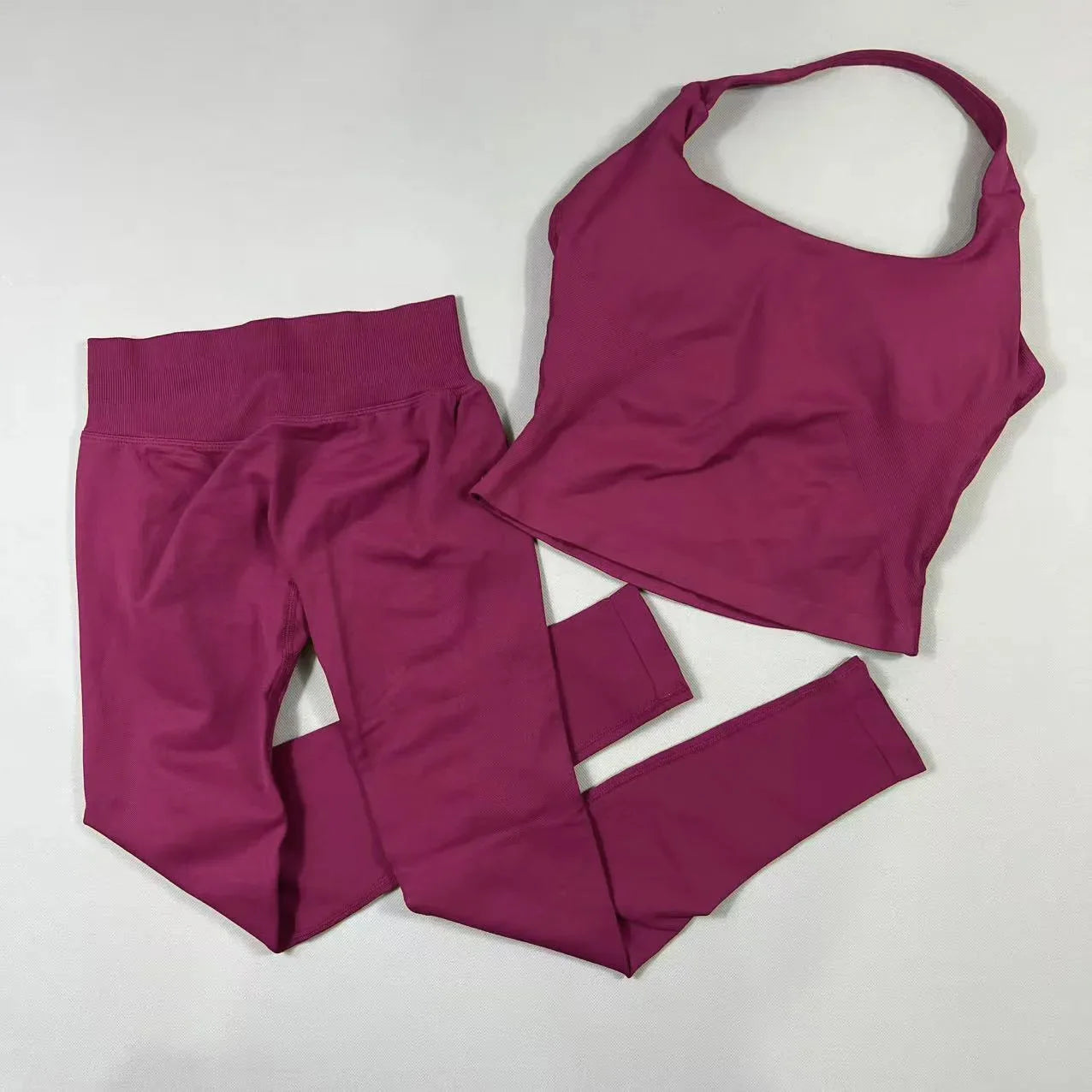 Conjunto de yoga de 2 piezas para mujer, top halter sin espalda, pantalones sin costuras de cintura alta, traje de gimnasio, sujetador deportivo, ropa deportiva, conjuntos de entrenamiento.