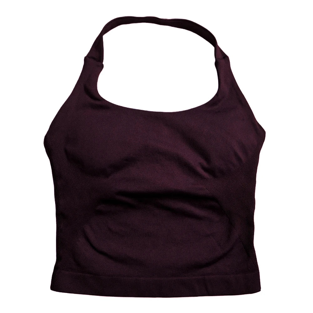 Top de gimnasio para mujer, ropa de entrenamiento con tiras, camiseta sin mangas, Sujetador deportivo acolchado, camisas de Yoga sin espalda, Top corto de gimnasia sin costuras, chaleco de Fitness con cuello Halter