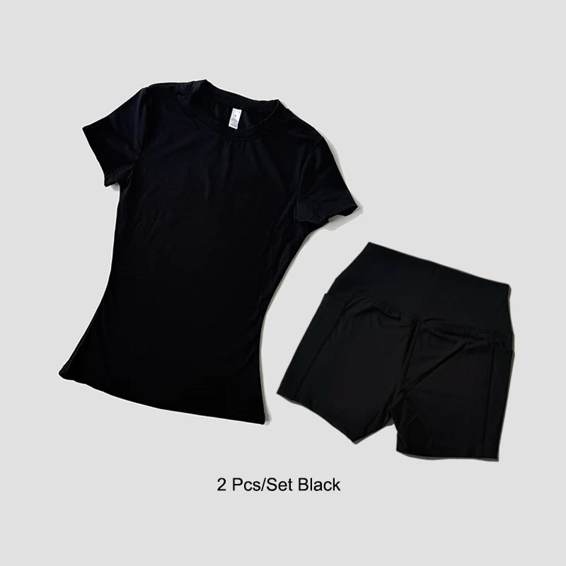 Conjunto deportivo de Yoga para mujer, ropa de gimnasio de punto sin costuras, ropa deportiva, Top corto de manga corta, chándales, mallas cortas para gimnasio