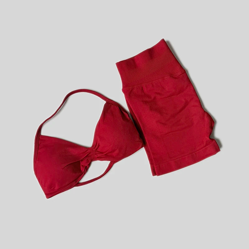 Conjunto de gimnasio de impacto para mujer, conjuntos de 2 piezas, camisetas sin mangas con cuello Halter, pantalones cortos sin costuras de cintura alta, traje deportivo, conjunto de entrenamiento