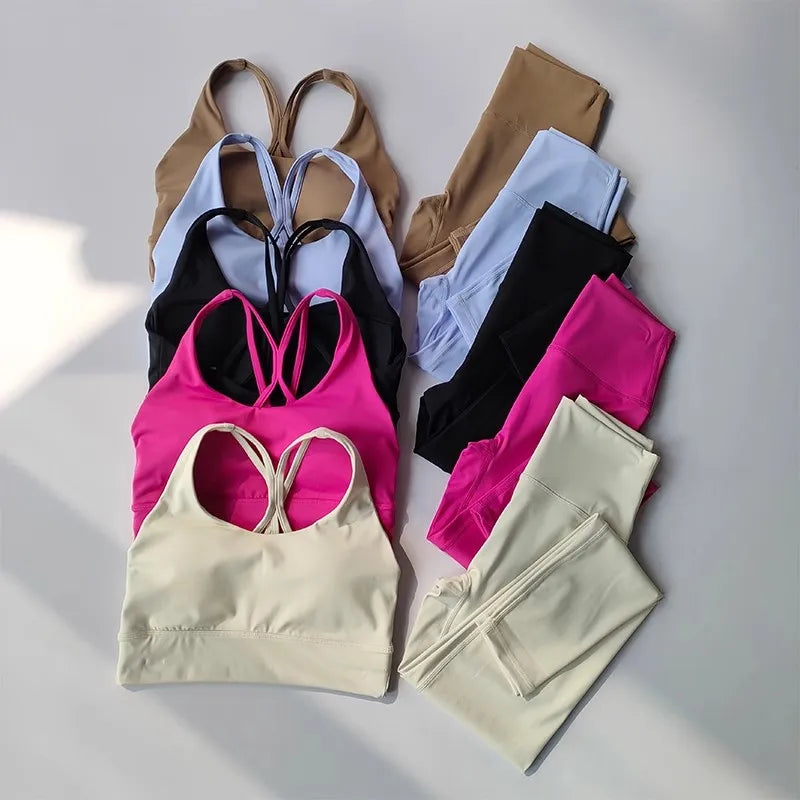 Conjunto de Yoga transpirable para mujer, traje deportivo de 2 uds, ropa de gimnasio, ropa de entrenamiento, Top corto de gimnasia, Legging de cintura alta, conjunto de sujetador de Fitness, trajes deportivos