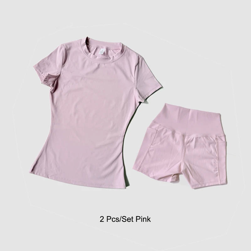 Conjunto deportivo de Yoga para mujer, ropa de gimnasio de punto sin costuras, ropa deportiva, Top corto de manga corta, chándales, mallas cortas para gimnasio