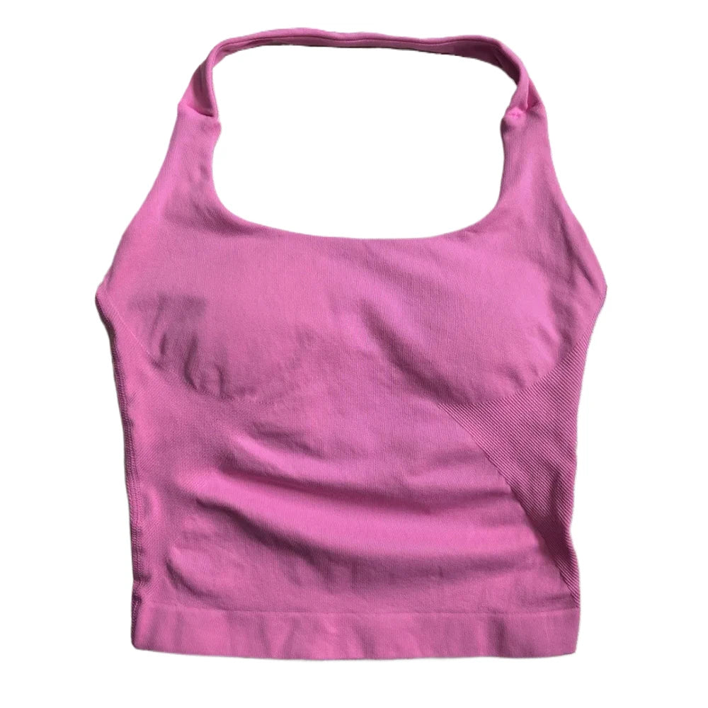 Top de gimnasio para mujer, ropa de entrenamiento con tiras, camiseta sin mangas, Sujetador deportivo acolchado, camisas de Yoga sin espalda, Top corto de gimnasia sin costuras, chaleco de Fitness con cuello Halter