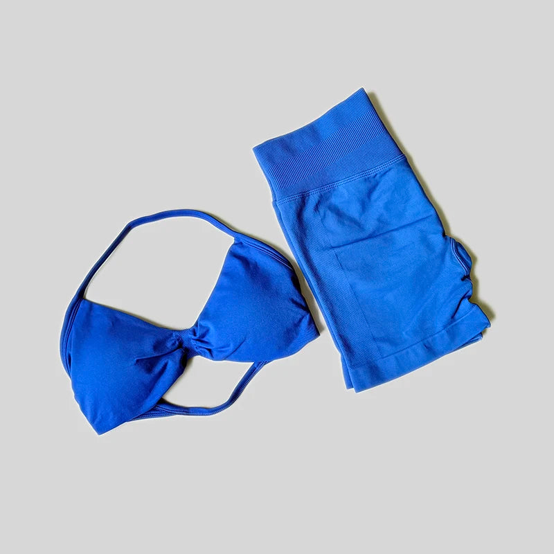 Conjunto de gimnasio de impacto para mujer, conjuntos de 2 piezas, camisetas sin mangas con cuello Halter, pantalones cortos sin costuras de cintura alta, traje deportivo, conjunto de entrenamiento