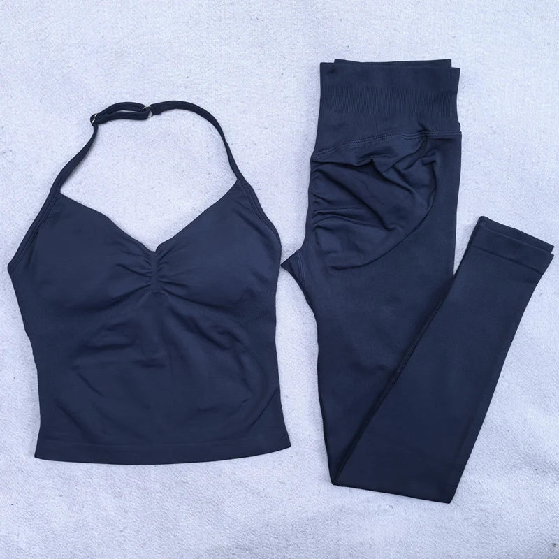 Nuevo conjunto de Yoga sin costuras, ropa de gimnasio para mujer, Legging acolchado, camiseta sin mangas, trajes de entrenamiento, ropa deportiva para Fitness, trajes