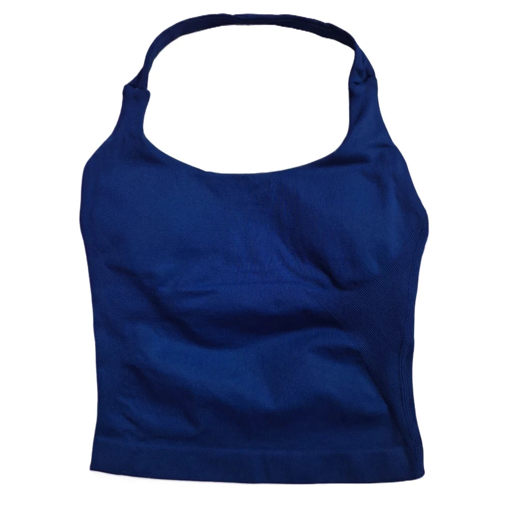 Top de gimnasio para mujer, ropa de entrenamiento con tiras, camiseta sin mangas, Sujetador deportivo acolchado, camisas de Yoga sin espalda, Top corto de gimnasia sin costuras, chaleco de Fitness con cuello Halter
