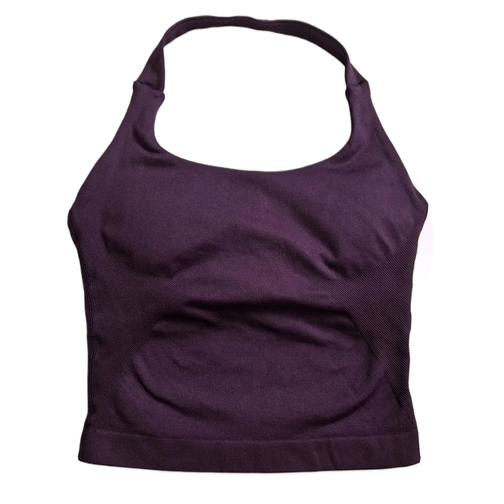 Top de gimnasio para mujer, ropa de entrenamiento con tiras, camiseta sin mangas, Sujetador deportivo acolchado, camisas de Yoga sin espalda, Top corto de gimnasia sin costuras, chaleco de Fitness con cuello Halter