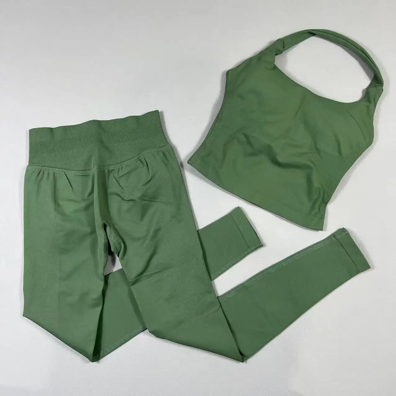 Conjunto de yoga de 2 piezas para mujer, top halter sin espalda, pantalones sin costuras de cintura alta, traje de gimnasio, sujetador deportivo, ropa deportiva, conjuntos de entrenamiento.