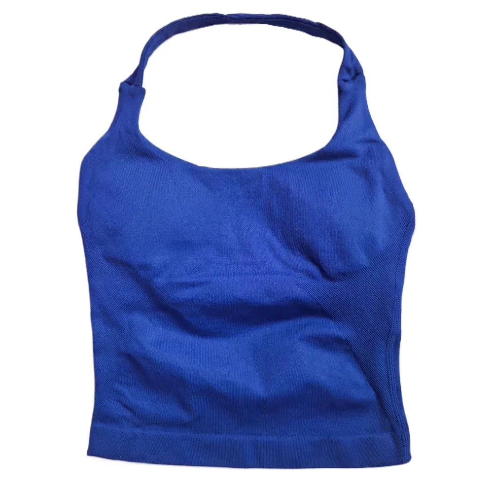 Top de gimnasio para mujer, ropa de entrenamiento con tiras, camiseta sin mangas, Sujetador deportivo acolchado, camisas de Yoga sin espalda, Top corto de gimnasia sin costuras, chaleco de Fitness con cuello Halter
