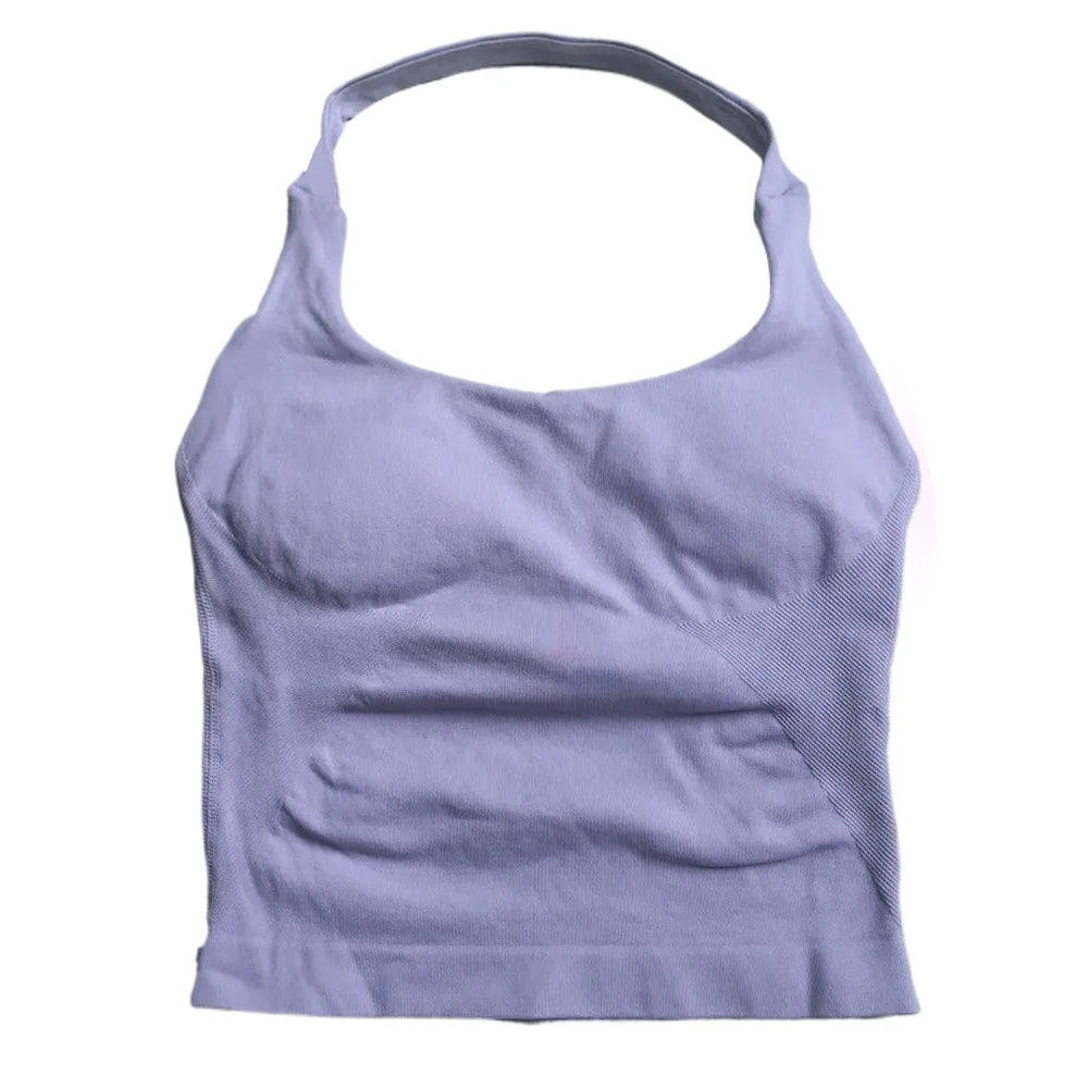 Top de gimnasio para mujer, ropa de entrenamiento con tiras, camiseta sin mangas, Sujetador deportivo acolchado, camisas de Yoga sin espalda, Top corto de gimnasia sin costuras, chaleco de Fitness con cuello Halter