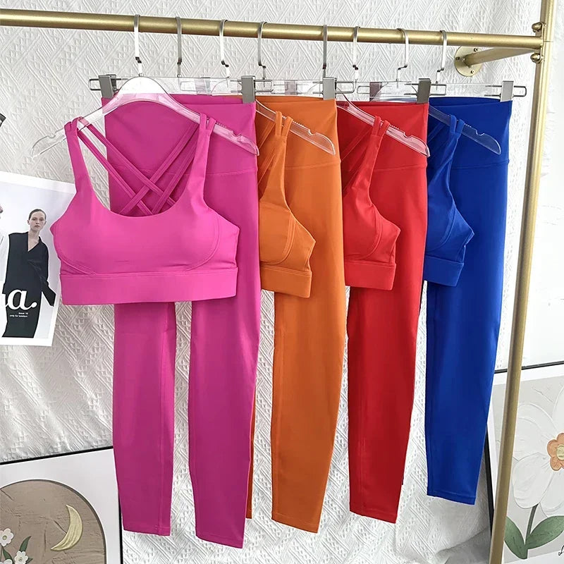 Ropa de Yoga de 2 piezas para mujer, ropa deportiva para gimnasio, ropa de entrenamiento, Top corto para gimnasio, Legging de cintura alta, conjunto de sujetador de Fitness, trajes deportivos 👚