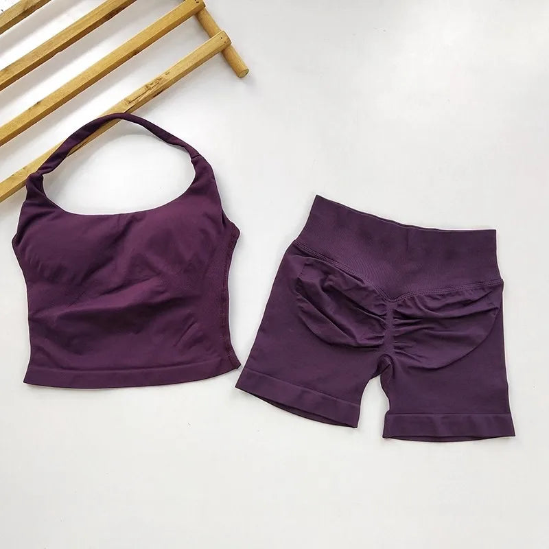 Conjunto de gimnasio de 2 piezas para Yoga para mujer, Tops con cuello Halter y espalda descubierta, pantalones cortos sin costuras de cintura alta, traje de gimnasio, sujetadores deportivos, ropa deportiva, conjuntos de entr