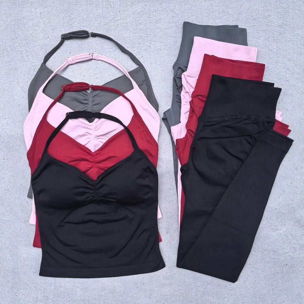 Nuevo conjunto de Yoga sin costuras, ropa de gimnasio para mujer, Legging acolchado, camiseta sin mangas, trajes de entrenamiento, ropa deportiva para Fitness, trajes