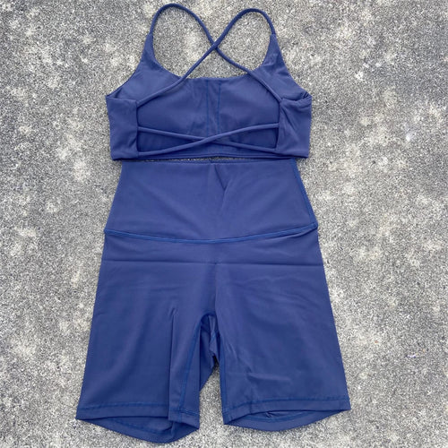 Conjunto de Yoga de 2 piezas para mujer, conjunto deportivo para gimnasio, traje de entrenamiento, traje de Fitness, sujetador con correas cruzadas, pantalones cortos de cintura alta, chándal para correr