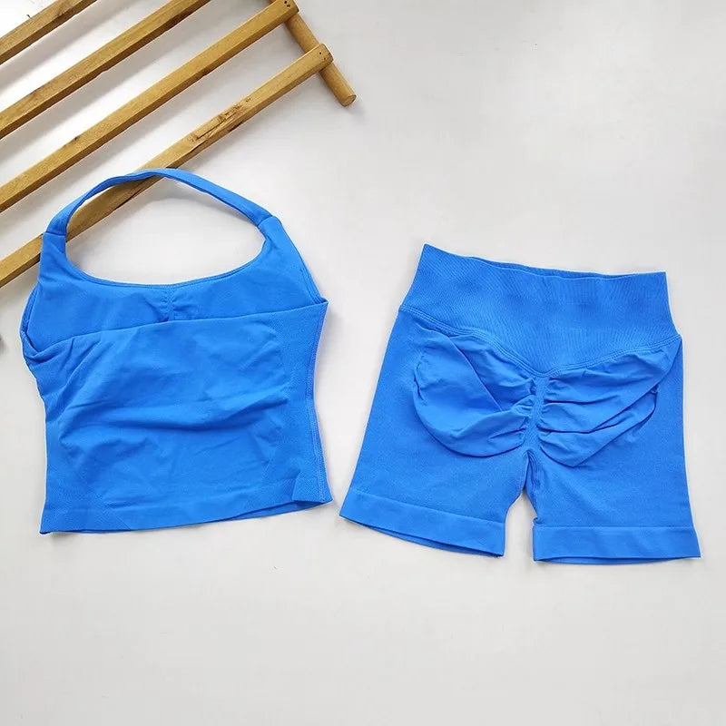 Conjunto de gimnasio de 2 piezas para Yoga para mujer, Tops con cuello Halter y espalda descubierta, pantalones cortos sin costuras de cintura alta, traje de gimnasio, sujetadores deportivos, ropa deportiva, conjuntos de entr