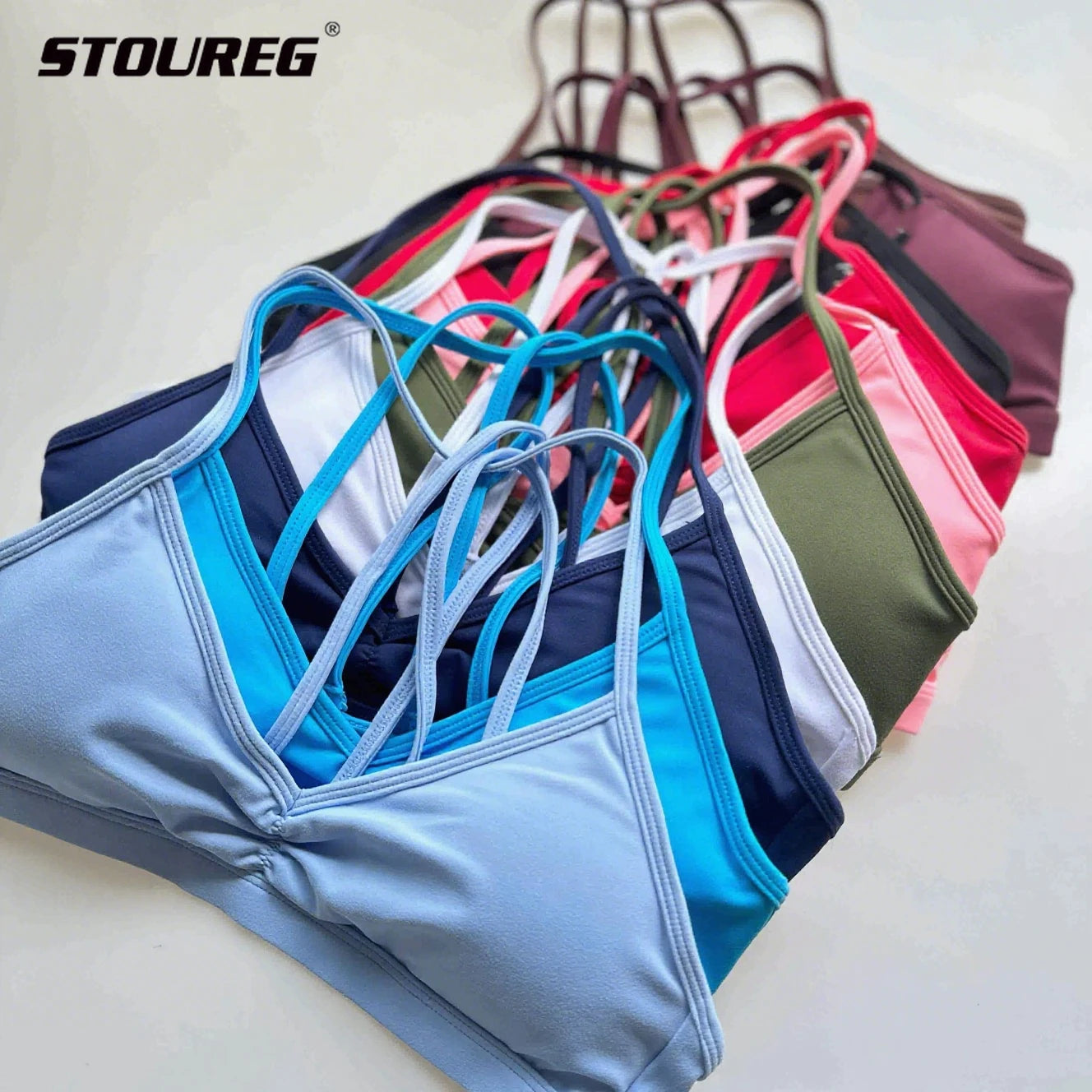STOUREG-sujetadores de Yoga de uso múltiple para mujer, Tops cortos deportivos minimalistas con almohadillas, Top de entrenamiento físico con cuello bajo y cuello Halter para gimnasio de secado rápido