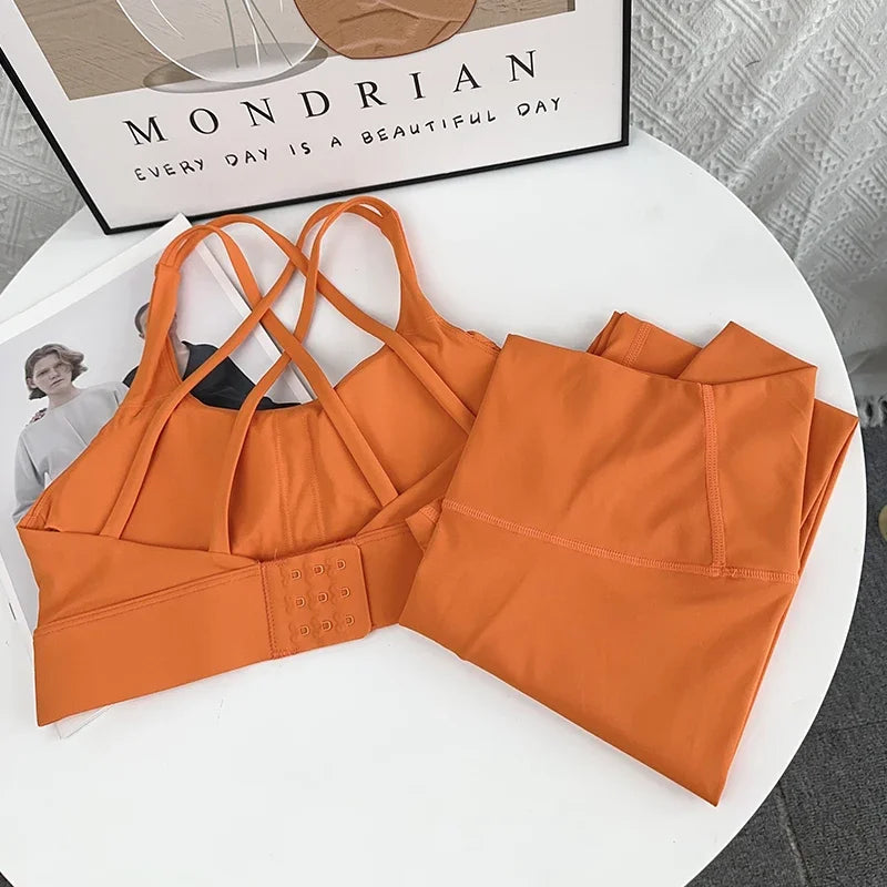 Ropa de Yoga de 2 piezas para mujer, ropa deportiva para gimnasio, ropa de entrenamiento, Top corto para gimnasio, Legging de cintura alta, conjunto de sujetador de Fitness, trajes deportivos 👚