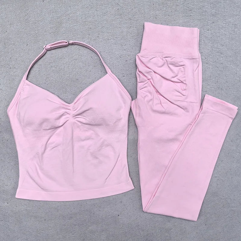 Nuevo conjunto de Yoga sin costuras, ropa de gimnasio para mujer, Legging acolchado, camiseta sin mangas, trajes de entrenamiento, ropa deportiva para Fitness, trajes