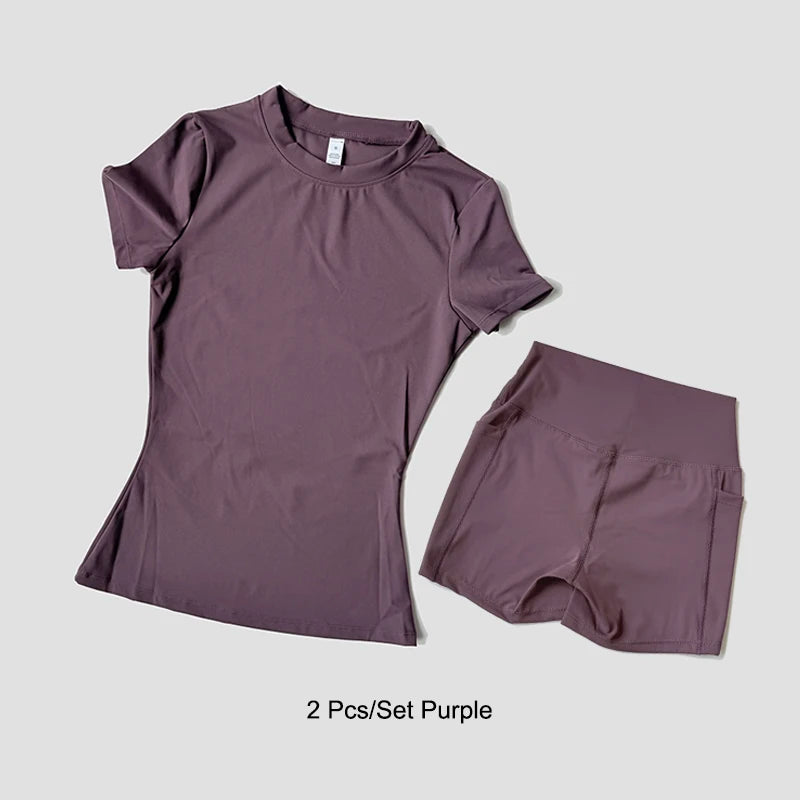 Conjunto deportivo de Yoga para mujer, ropa de gimnasio de punto sin costuras, ropa deportiva, Top corto de manga corta, chándales, mallas cortas para gimnasio