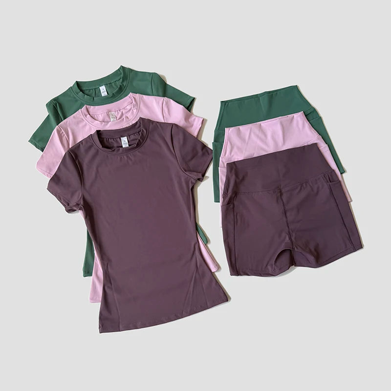Conjunto deportivo de Yoga para mujer, ropa de gimnasio de punto sin costuras, ropa deportiva, Top corto de manga corta, chándales, mallas cortas para gimnasio