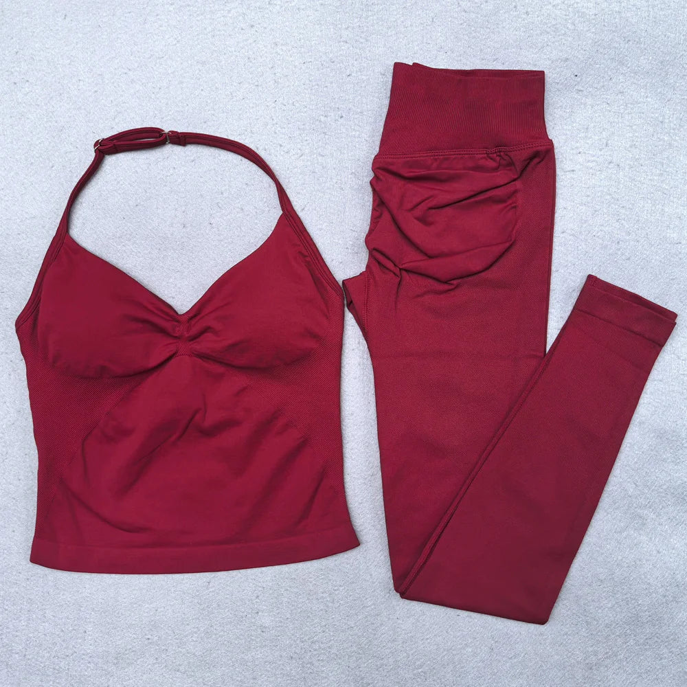 Nuevo conjunto de Yoga sin costuras, ropa de gimnasio para mujer, Legging acolchado, camiseta sin mangas, trajes de entrenamiento, ropa deportiva para Fitness, trajes