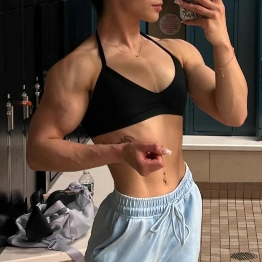 STOUREG-sujetadores de Yoga de uso múltiple para mujer, Tops cortos deportivos minimalistas con almohadillas, Top de entrenamiento físico con cuello bajo y cuello Halter para gimnasio de secado rápido