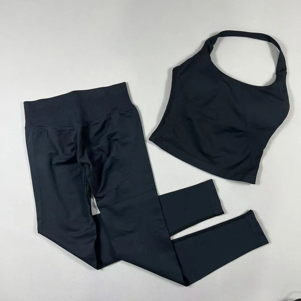 Conjunto de yoga de 2 piezas para mujer, top halter sin espalda, pantalones sin costuras de cintura alta, traje de gimnasio, sujetador deportivo, ropa deportiva, conjuntos de entrenamiento.