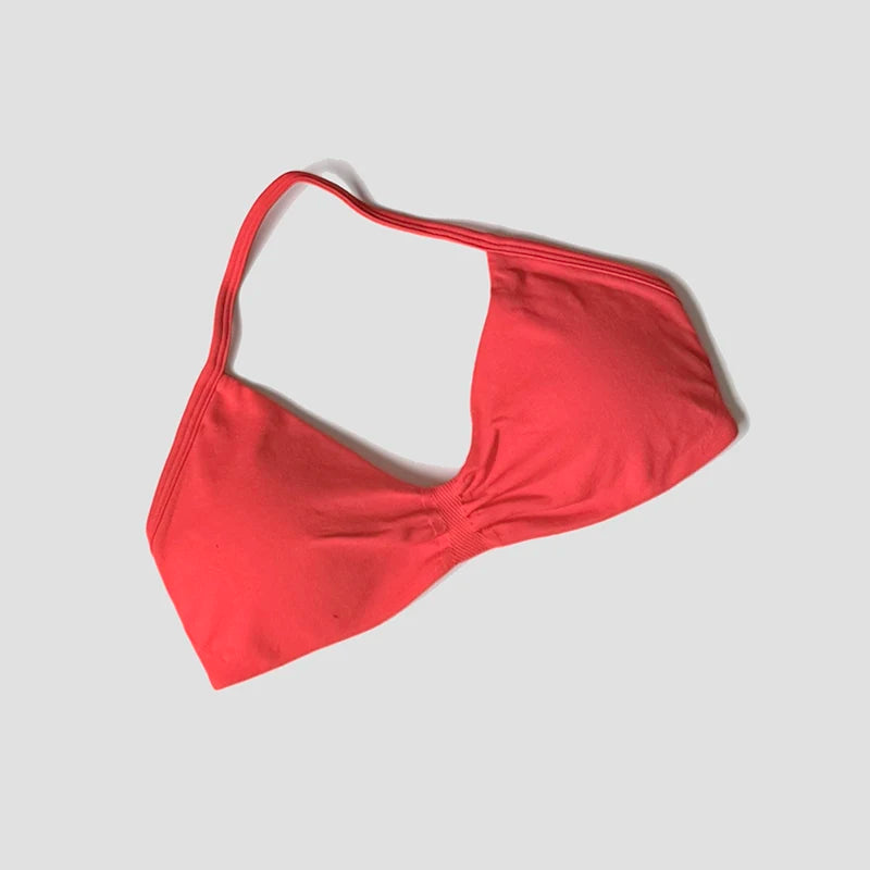 Sujetador deportivo con cuello Halter para mujer, Top corto de gimnasia con espalda abierta y realce, camisetas sin mangas de Yoga para entrenamiento sin costuras acolchadas