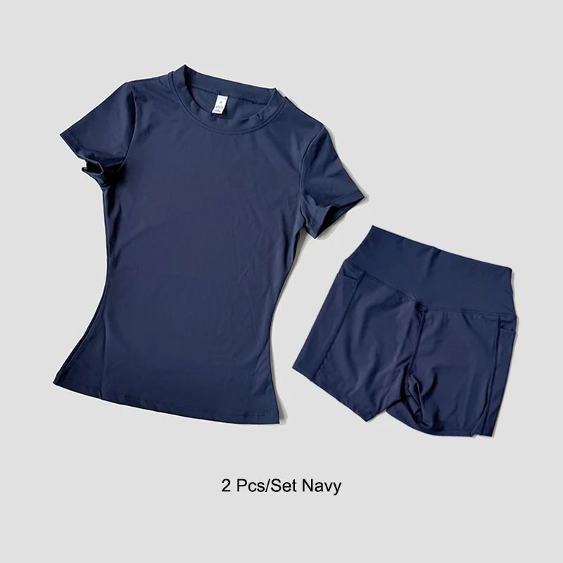 Conjunto deportivo de Yoga para mujer, ropa de gimnasio de punto sin costuras, ropa deportiva, Top corto de manga corta, chándales, mallas cortas para gimnasio