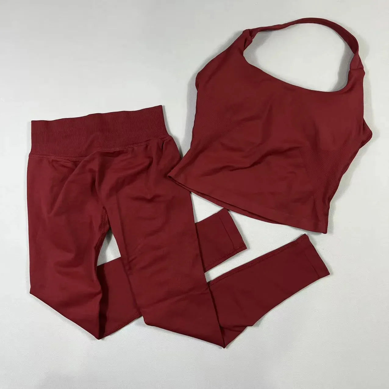 Conjunto de yoga de 2 piezas para mujer, top halter sin espalda, pantalones sin costuras de cintura alta, traje de gimnasio, sujetador deportivo, ropa deportiva, conjuntos de entrenamiento.