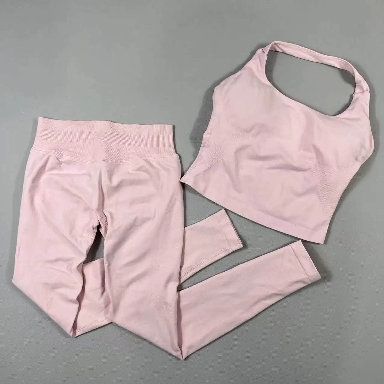 Conjunto de yoga de 2 piezas para mujer, top halter sin espalda, pantalones sin costuras de cintura alta, traje de gimnasio, sujetador deportivo, ropa deportiva, conjuntos de entrenamiento.