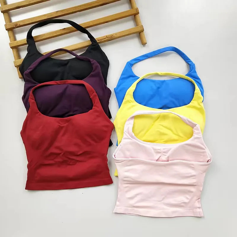 Conjunto de yoga de 2 piezas para mujer, top halter sin espalda, pantalones sin costuras de cintura alta, traje de gimnasio, sujetador deportivo, ropa deportiva, conjuntos de entrenamiento.