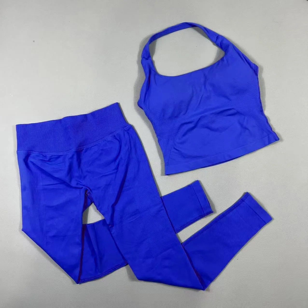 Conjunto de yoga de 2 piezas para mujer, top halter sin espalda, pantalones sin costuras de cintura alta, traje de gimnasio, sujetador deportivo, ropa deportiva, conjuntos de entrenamiento.