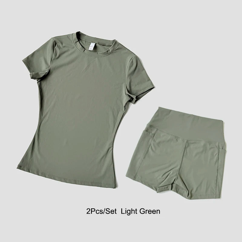 Conjunto deportivo de Yoga para mujer, ropa de gimnasio de punto sin costuras, ropa deportiva, Top corto de manga corta, chándales, mallas cortas para gimnasio