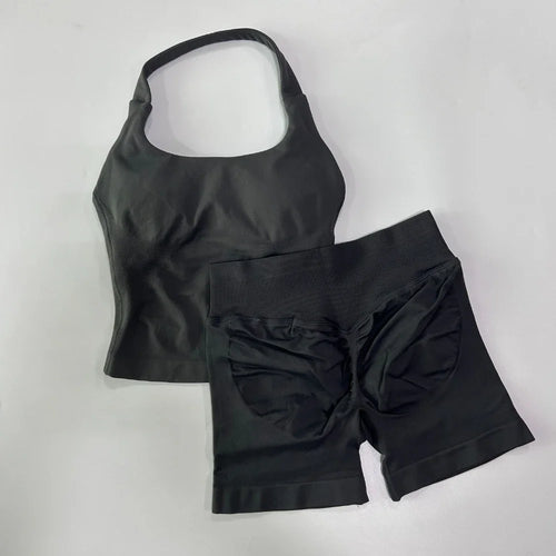 Conjunto de gimnasio de 2 piezas para Yoga para mujer, Tops con cuello Halter y espalda descubierta, pantalones cortos sin costuras de cintura alta, traje de gimnasio, sujetadores deportivos, ropa deportiva, conjuntos de entr